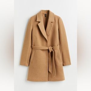 H&M Fitted Wool Brown Tan Beige Tie Coat